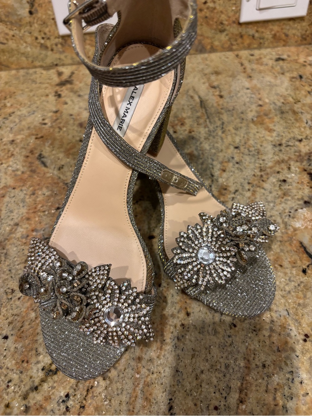 Alex Marie Silver and Gold Crystal Floral Ankle-Strap Heels